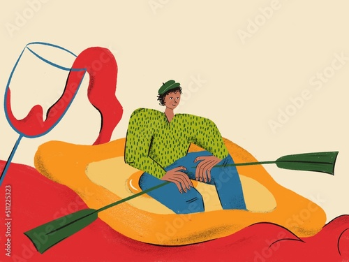 Illustration with a young man sitting on khachapuri. Georgian food. Funny colored typography poster, apparel print design, bar menu decoration. Vintage texture for textile, wrapping paper.