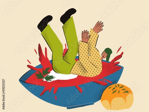 Illustration with a young man falling into borscht. Russian food. Funny colored typography poster, apparel print design, bar menu decoration. Vintage texture for textile, wrapping paper.