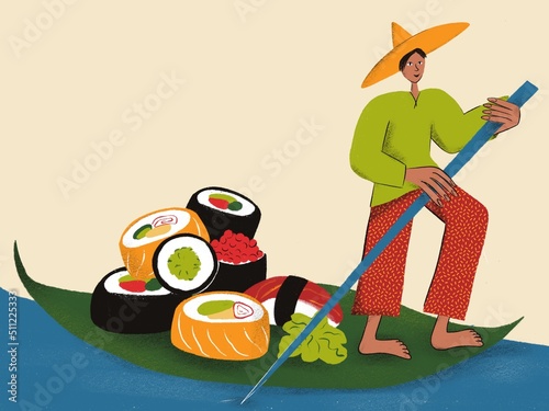 Illustration with a young man standing on a Japanese boat, Japanese sushi.  Japanese food. Funny colored typography poster, apparel print design, bar menu decoration. Vintage texture for wrapping.