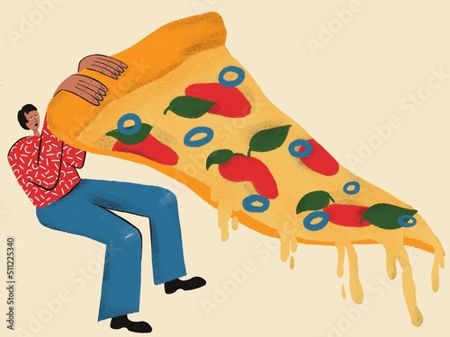 Illustration with young man holding huge pizza. Italian Pizza lover concept. Funny colored typography poster, apparel print design, bar menu decoration. Vintage texture for textile, wrapping paper.