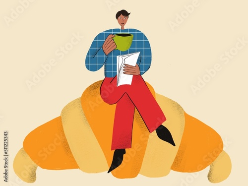 Illustration with a young man sitting on a croissant and drinking coffee. Funny colored typography poster, apparel print design, bar menu decoration. Vintage texture for textile, wrapping paper.