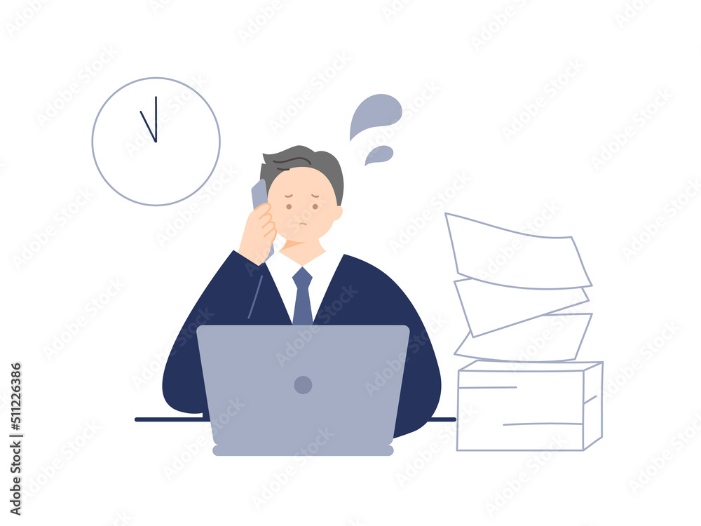 仕事に追われて残業をするビジネスマンのイラスト 仕事に追われて残業をするビジネスマンのイラスト