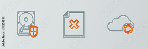 Set line Cloud sync refresh, Hard disk drive HDD protection and Delete file document icon. Vector