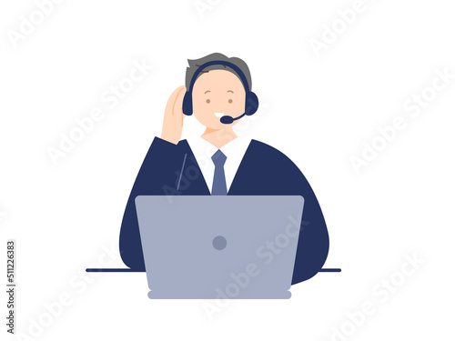 ヘッドセットをしてオンライン接客をするビジネスマンのイラスト