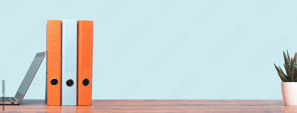Slim laptop. Blue and orange document binders or lever arch file on an neat office shelf or desk. Cactus in a pot. Business concept banner. Copy space - obrazy, fototapety, plakaty 