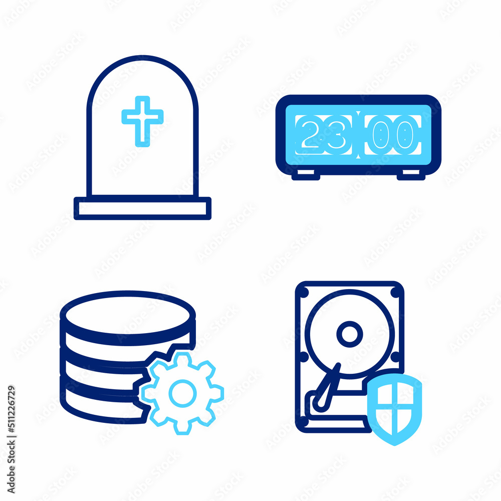 Set line Hard disk drive HDD protection, Setting database server, Retro flip clock and Tombstone with cross icon. Vector Set line Hard disk drive HDD protection, Setting database server, Retro flip clock and Tombstone with cross icon. Vector