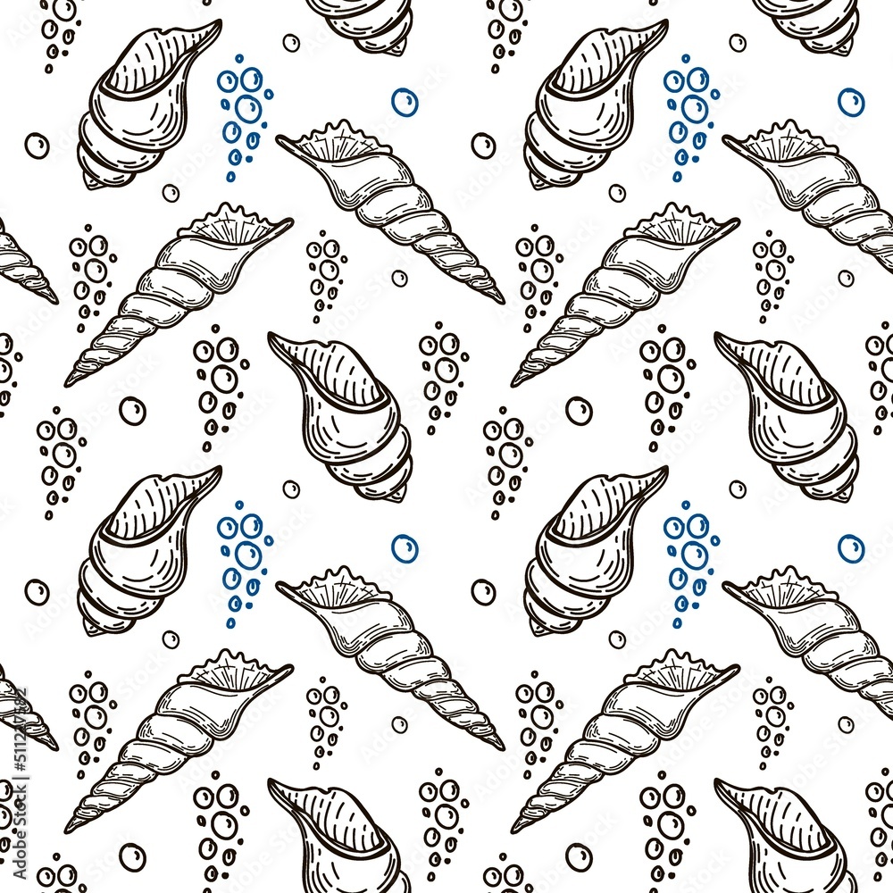 Seamless, hand-drawn sea creatures in sketch style. Seashells and bubbles. Monochrome palette. White background. Isolated. Summer. Ocean. Flat design. Vector illustration. Seamless, hand-drawn sea creatures in sketch style. Seashells and bubbles. Monochrome palette. White background. Isolated. Summer. Ocean. Flat design. Vector illustration.