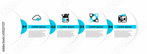 Set line Cryptocurrency wallet, Blockchain technology, and cloud mining icon. Vector