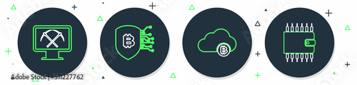 Set line Shield with bitcoin, Cryptocurrency cloud mining, Mining monitor and pickaxe and wallet icon. Vector