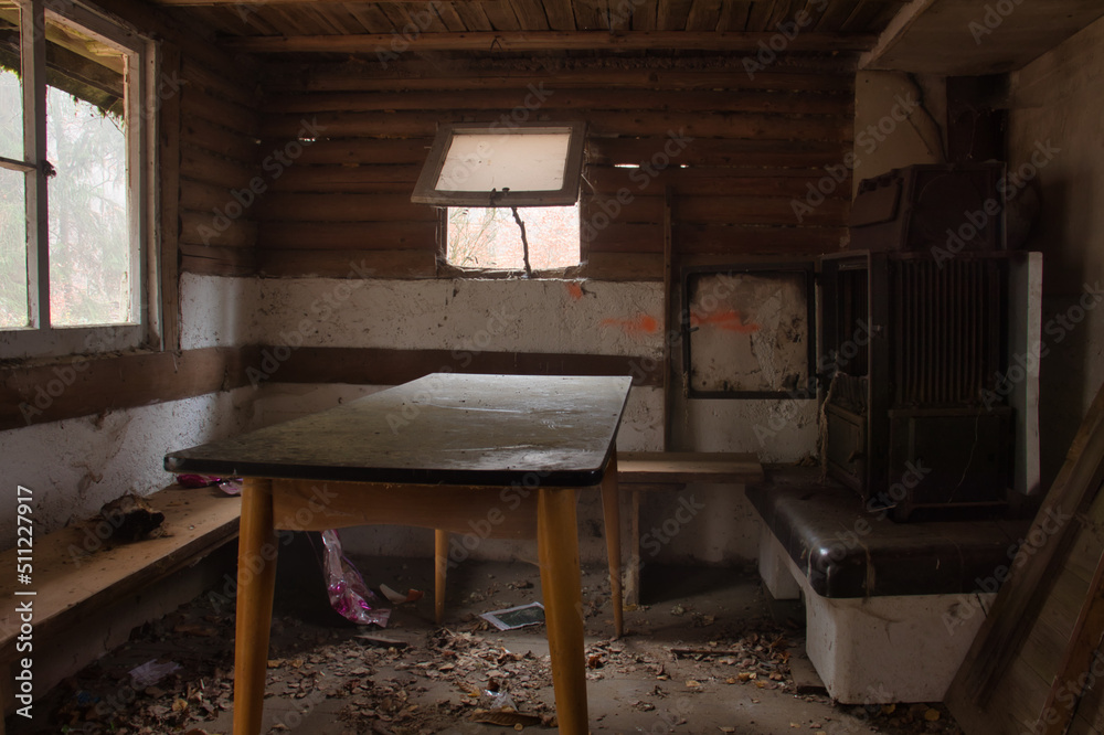 Leaves, table and garbage inside an abandoned cabin in the Palatinate forest of Germany.