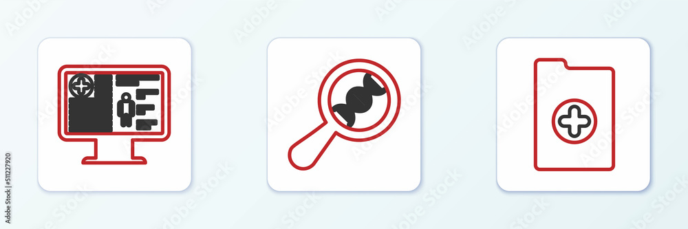 Set line Clinical record, on monitor and DNA research, search icon. Vector Set line Clinical record, on monitor and DNA research, search icon. Vector