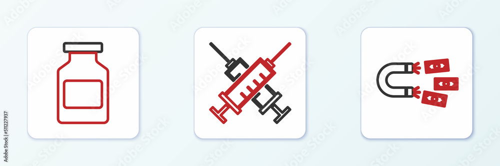 Set line Magnet with money, Medicine bottle and Crossed syringe icon. Vector Set line Magnet with money, Medicine bottle and Crossed syringe icon. Vector