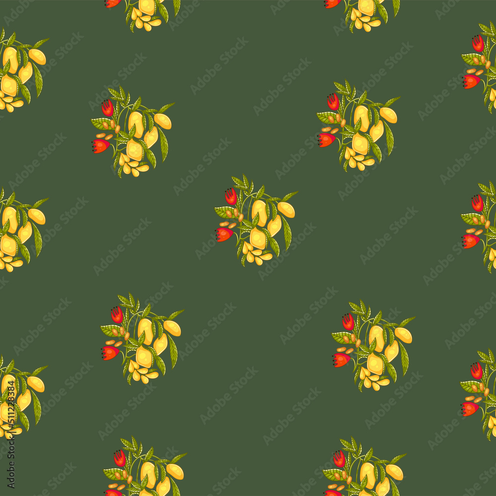 Cute seamless pattern on a dark green background with beautiful and delicious lemons. Texture for scrapbooking, wrapping paper, invitations. Vector illustration.