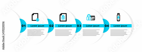 Set line USB flash drive with lock, Credit card, Document and and icon. Vector