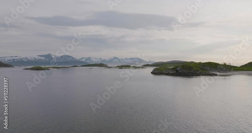 Serene arctic nature scene of Sommaroya archipelago, Summer Island; aerial photo