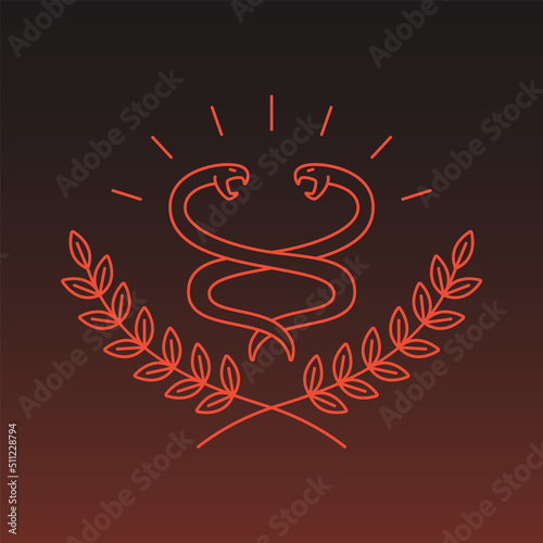 Simple line art logo of wreath leaves with snakes