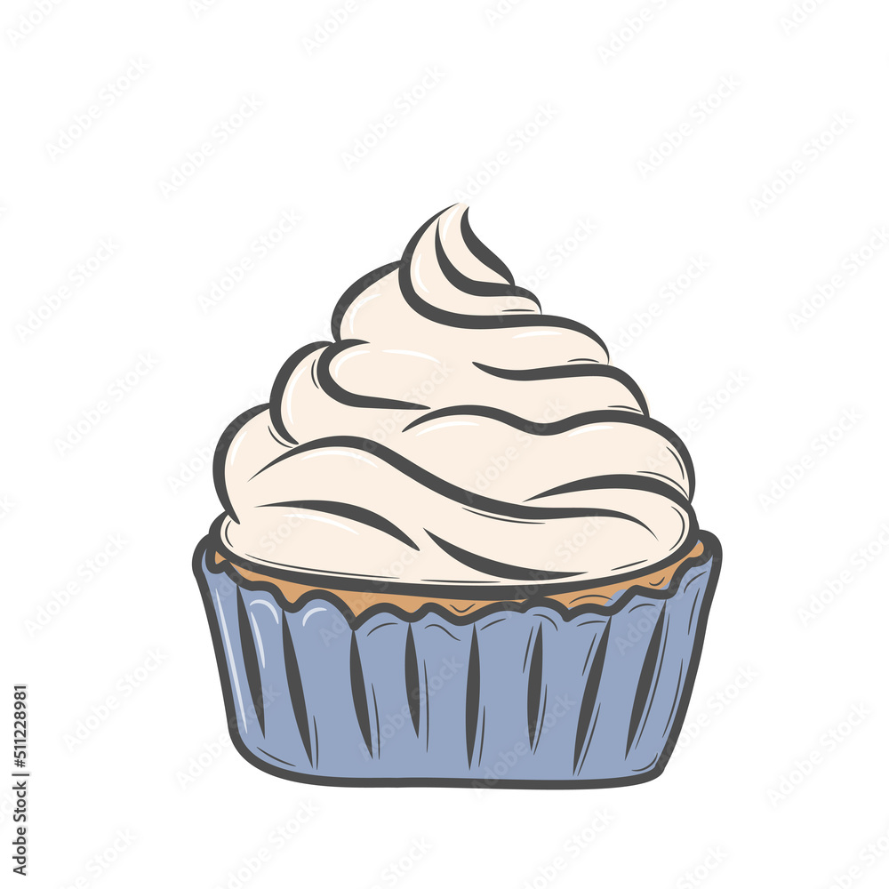 A simple drawing of a sweet cupcake with cream. Handmade muffin with whipped cream. Drawing in doodle style with strokes. Isolated vector illustration