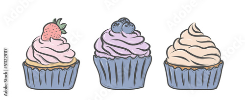 Set of hand drawn muffins. Doodle sketch style. Line drawing of simple cupcakes decorated with cream. Isolated colorful vector illustration in line style.