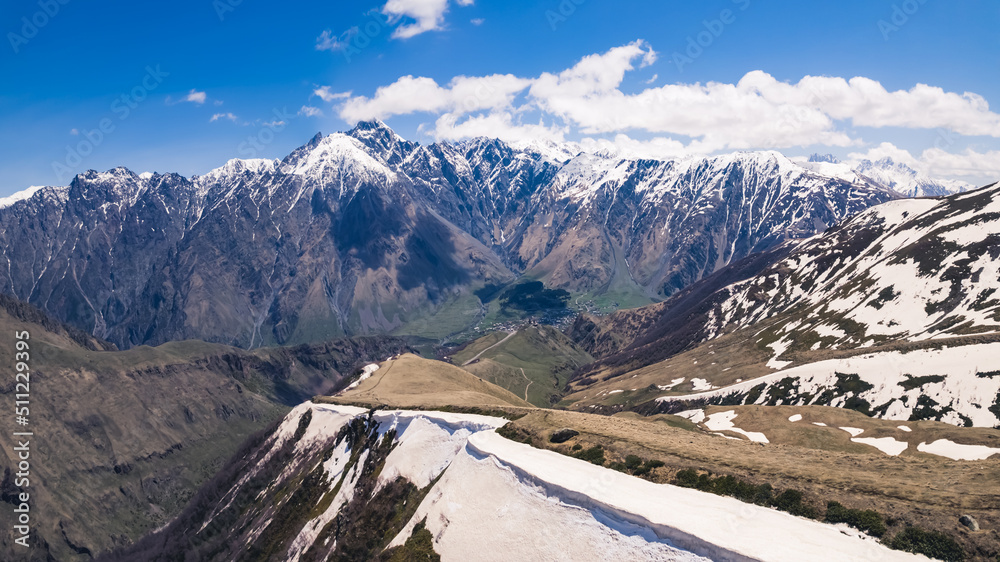 amazing view of Caucasus mountains and Mkinvartsveri in Kazbegi, Georgia. High quality photo