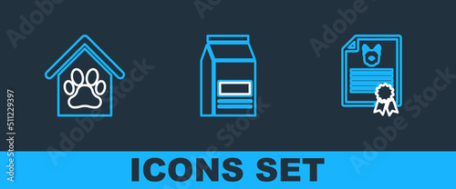Set line Certificate for dog or cat, Dog house and paw print pet and Bag of food icon. Vector