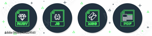Set line JS file document, MSG, RUBY and PDF icon. Vector