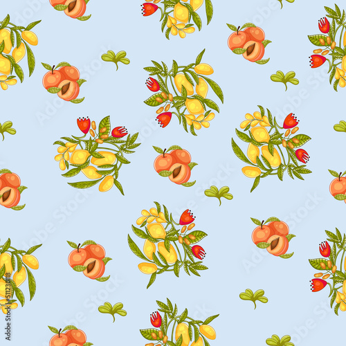 Delicate spring seamless pattern on a blue background with delicious lemons, tasty peaches and beautiful herbs. Texture for scrapbooking, wrapping paper, invitations. Vector illustration.