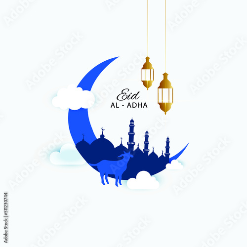 Moon with cloud and eid al adha mubarak festival greeting design template 04
