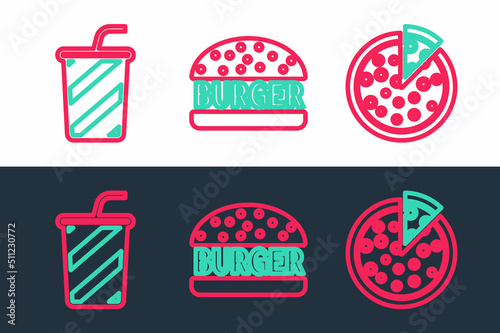 Set line Pizza, Glass with water and Burger icon. Vector
