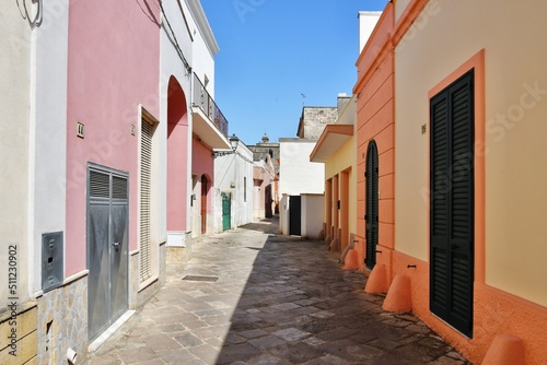 Fototapeta Naklejka Na Ścianę i Meble -  A narrow street between the old houses of Presicce, a picturesque village in the province of Lecce in Italy.