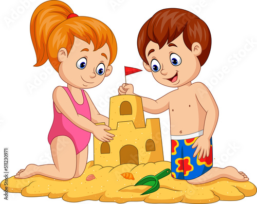 Children making sand castle at tropical beach