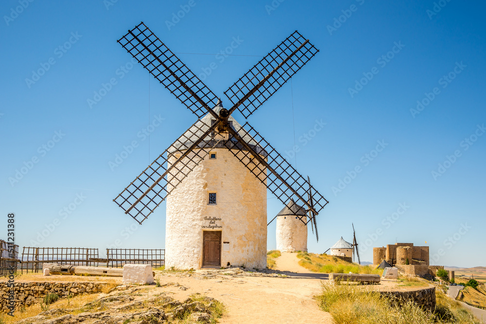 View at the Windmills and La Muela castle near Consuegra town - Spain