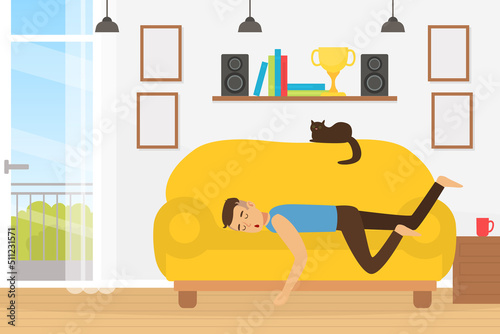 Tired Man Character Fallen Asleep on Sofa with Black Cat Sitting on Top Vector Illustration