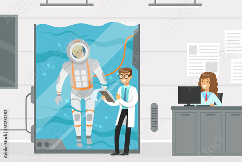 Man Astronaut Preparing for Space Flight Plunging Into Water Basin in Spacesuit Vector Illustration