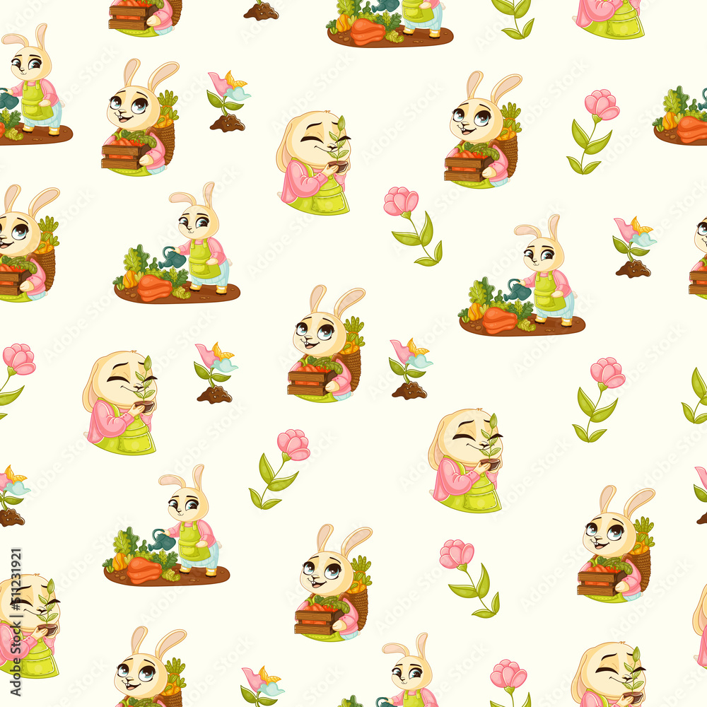Fototapeta premium Cute spring seamless pattern on white background with cute bunnies, pretty flowers and gardening tools. Texture for scrapbooking, wrapping paper, invitations. Vector illustration.