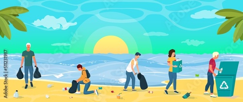 People volunteers clean beach from waste vector