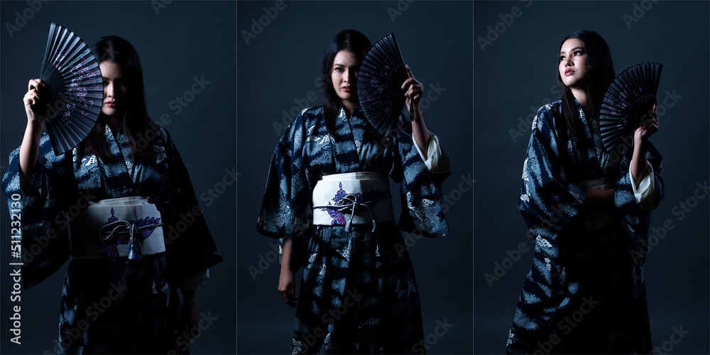 Naklejka premium Fashion Half body of 20s young adult Asian Woman wear Japanese Kimono Yukata, strong stress feeling