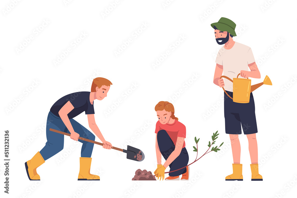 Man and Woman Character Planting Tree Sapling in Soil Taking Care of Planet and Nature Vector Illustration Man and Woman Character Planting Tree Sapling in Soil Taking Care of Planet and Nature Vector Illustration