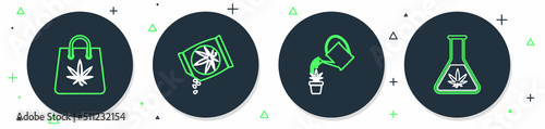 Set line Marijuana or cannabis seeds, Watering marijuana, Shopping bag of and Test tube with icon. Vector