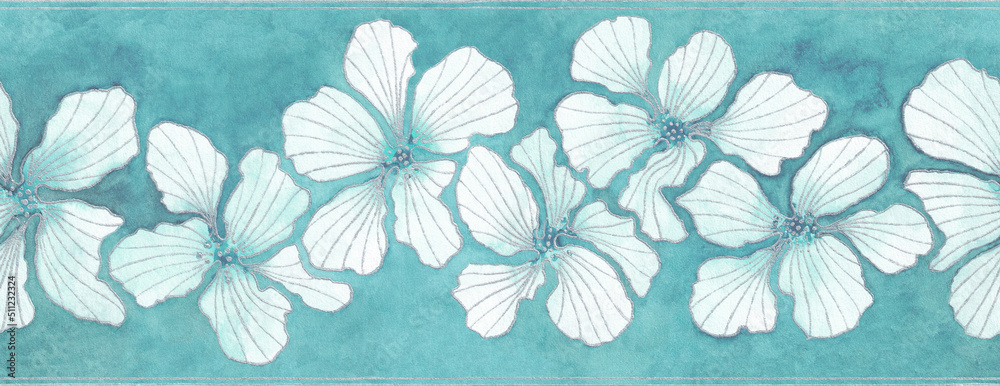 Vintage watercolor horizontal seamless floral border. Hand drawn abstract flowers with silver contours on turquoise textured background. Ornate template for design, textile, wallpaper.