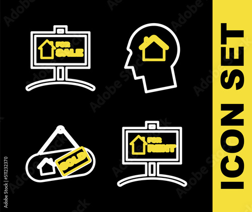 Set line Man dreaming about buying house, Hanging sign with For Rent, Sold and Sale icon. Vector