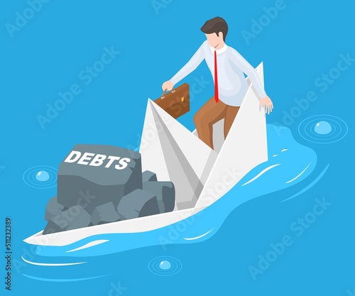 Man in sinking paper boat due to outstanding debts