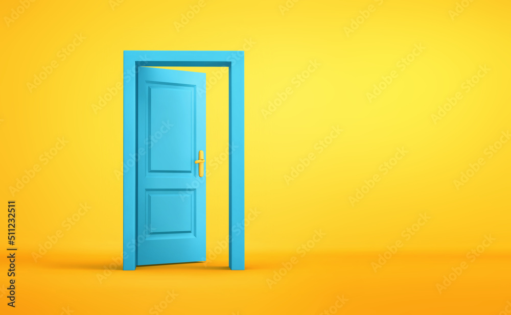 Blue open door in yellow background room. New life, opportunities, business concept Blue open door in yellow background room. New life, opportunities, business concept