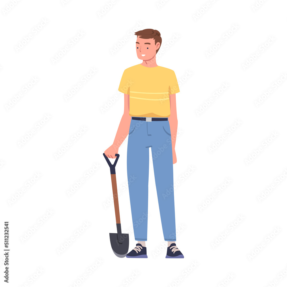 Man Character Standing with Shovel or Spade Engaged in Soil Digging for Planting Tree Sapling Vector Illustration Man Character Standing with Shovel or Spade Engaged in Soil Digging for Planting Tree Sapling Vector Illustration