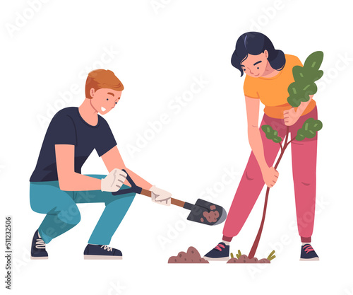 Man and Woman Character Planting Tree Sapling in Soil Taking Care of Planet and Nature Vector Illustration