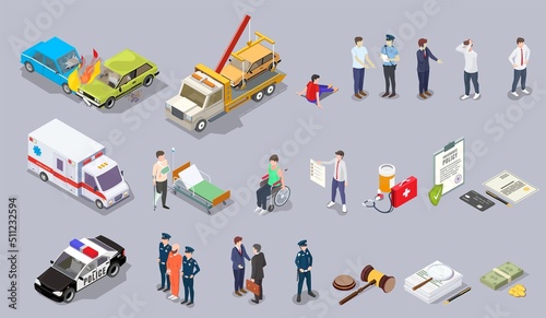 Car accident isometric vector set of icons