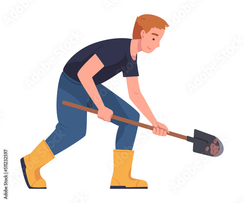 Man Character with Shovel or Spade Engaged in Soil Digging for Planting Tree Sapling Vector Illustration