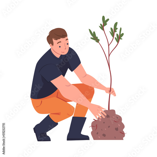 Man Character Planting Tree Sapling in Soil Taking Care of Planet and Nature Vector Illustration