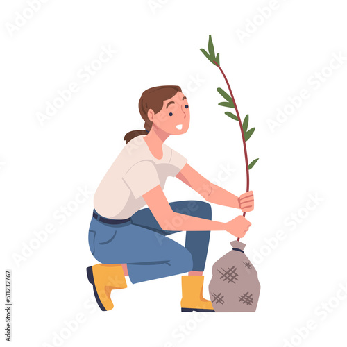 Woman Character Planting Tree Sapling in Soil Taking Care of Planet and Nature Vector Illustration