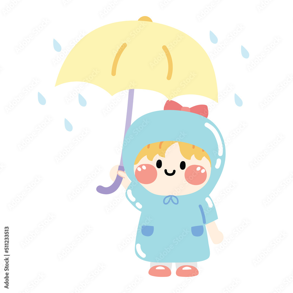 Cute girl wear rain coat and hold umbrella cartoon.Character ...