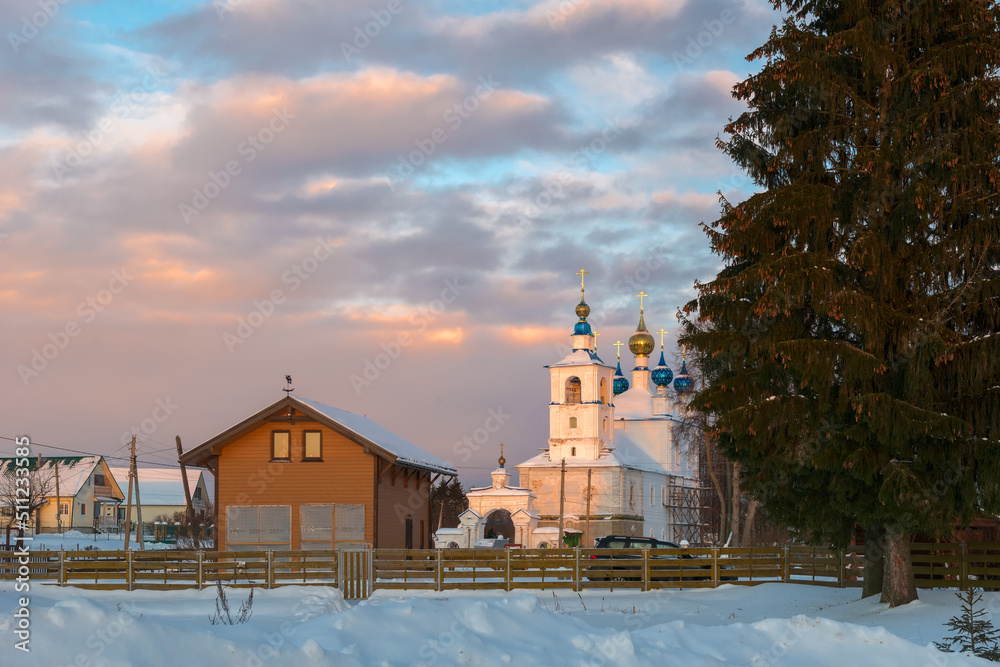 Church of the Transfiguration of the Lord on a winter day in the village of Povodnevo, Myshkinsky district, Yaroslavl region, Russia